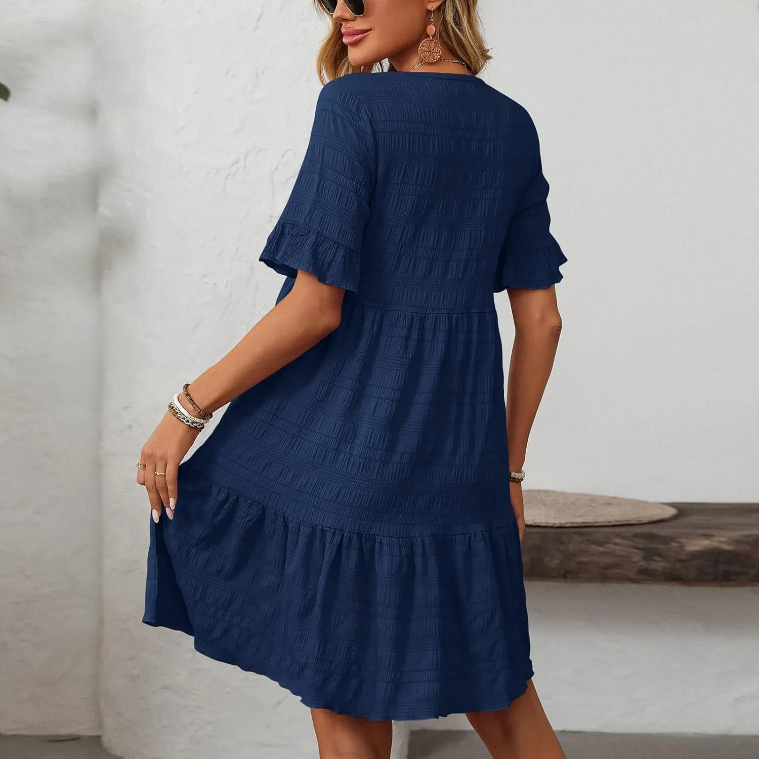 Short Sleeve Ruffle Boho Dress for Women, 2025 Trendy Vacation Bohemian Dresses Elegant Crew Neck Sundress