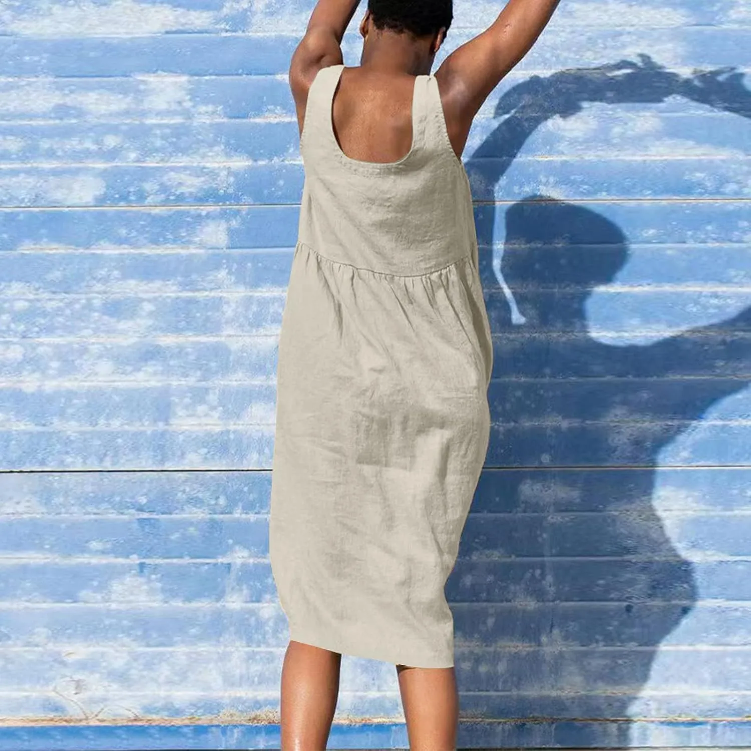 Sleeveless Dresses for Women 2024 Casual Boho Button V Neck Cotton Linen Dress Loose Fit Ruched Beach Tank Sundress
