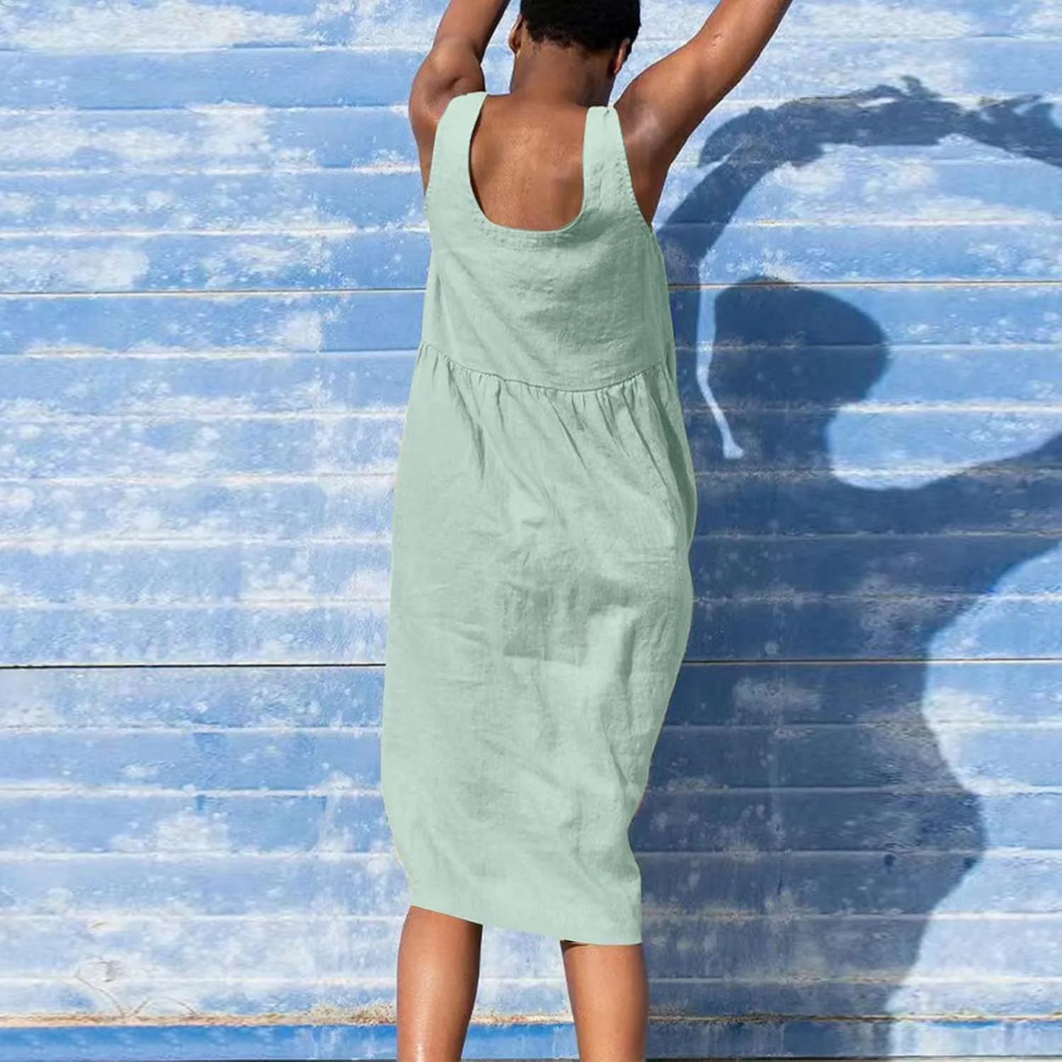 Sleeveless Dresses for Women 2024 Casual Boho Button V Neck Cotton Linen Dress Loose Fit Ruched Beach Tank Sundress