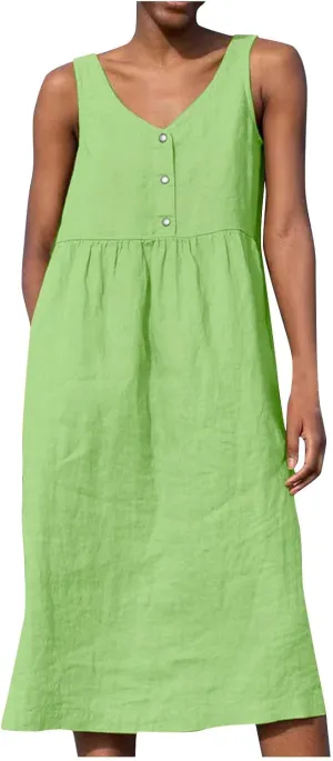 Sleeveless Dresses for Women 2024 Casual Boho Button V Neck Cotton Linen Dress Loose Fit Ruched Beach Tank Sundress