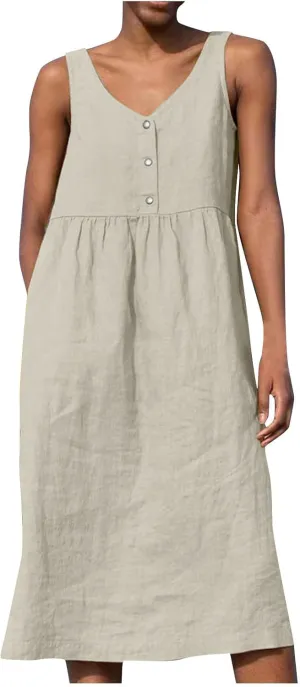 Sleeveless Dresses for Women 2024 Casual Boho Button V Neck Cotton Linen Dress Loose Fit Ruched Beach Tank Sundress