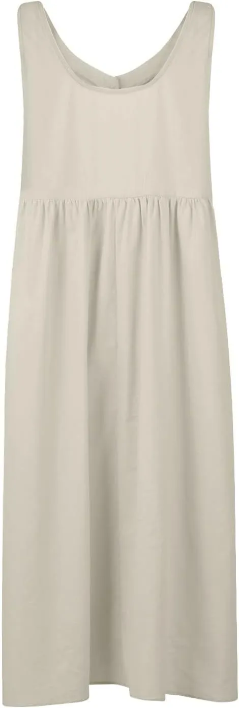 Sleeveless Dresses for Women 2024 Casual Boho Button V Neck Cotton Linen Dress Loose Fit Ruched Beach Tank Sundress