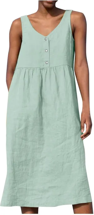 Sleeveless Dresses for Women 2024 Casual Boho Button V Neck Cotton Linen Dress Loose Fit Ruched Beach Tank Sundress