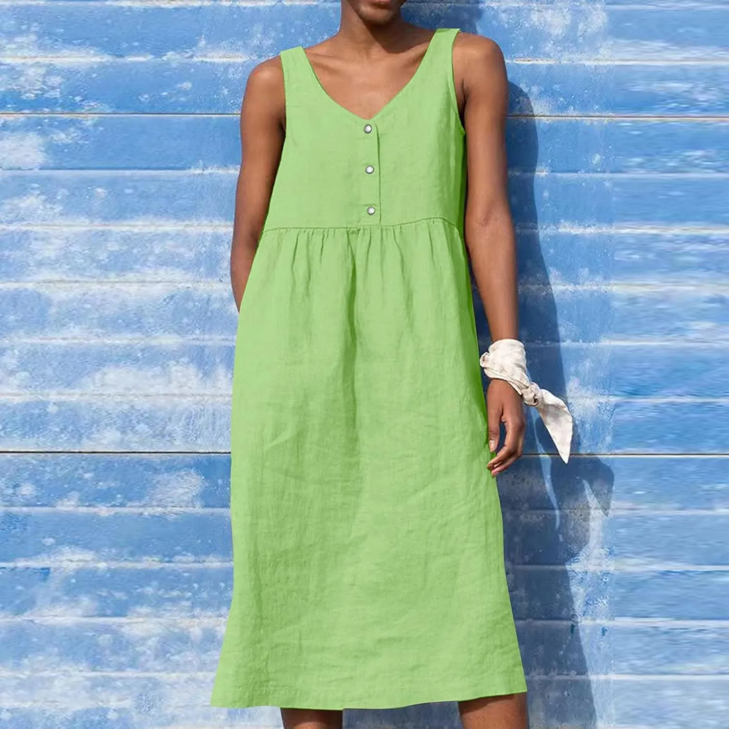 Sleeveless Dresses for Women 2024 Casual Boho Button V Neck Cotton Linen Dress Loose Fit Ruched Beach Tank Sundress