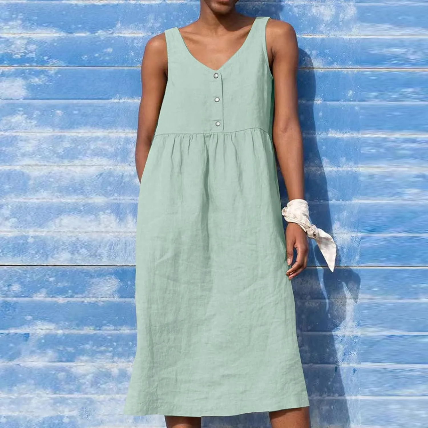 Sleeveless Dresses for Women 2024 Casual Boho Button V Neck Cotton Linen Dress Loose Fit Ruched Beach Tank Sundress