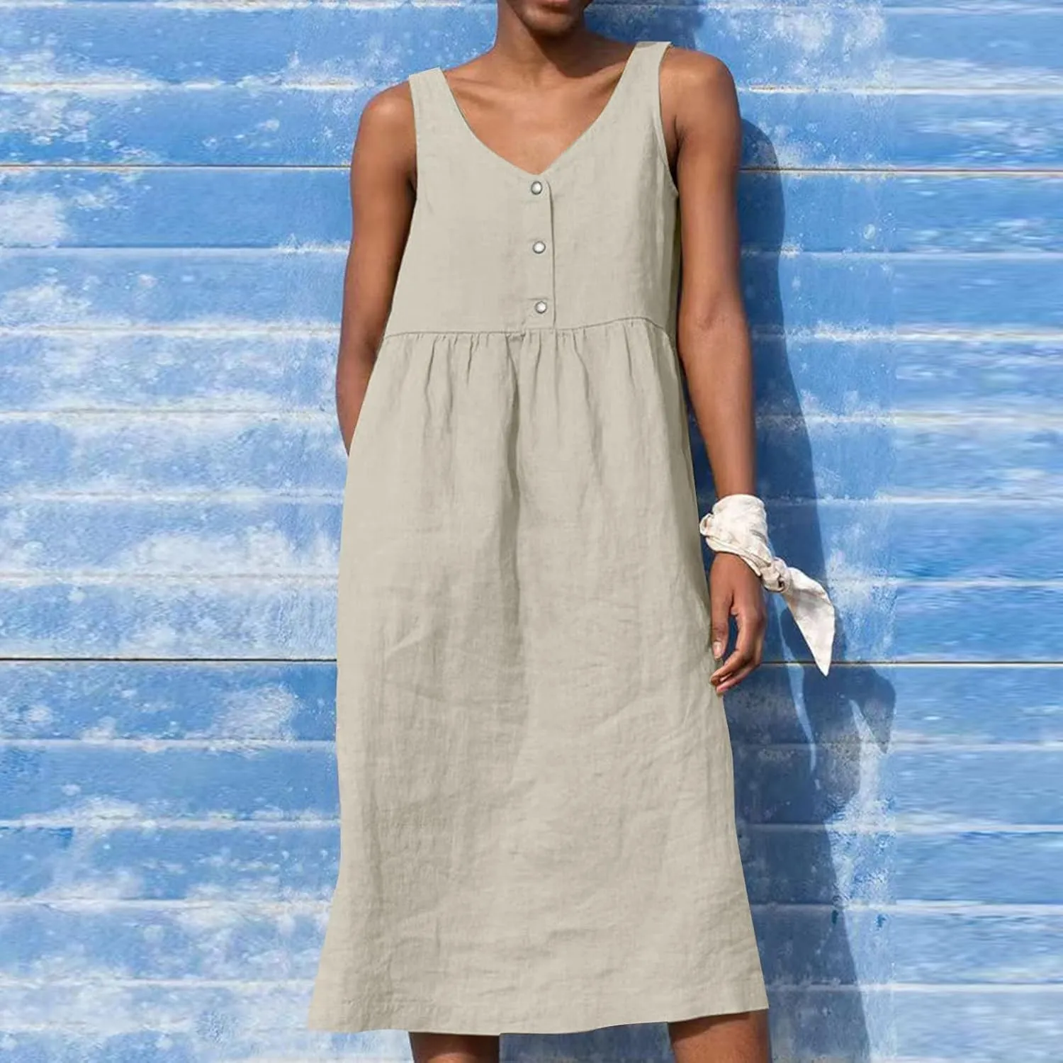Sleeveless Dresses for Women 2024 Casual Boho Button V Neck Cotton Linen Dress Loose Fit Ruched Beach Tank Sundress