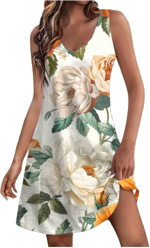 Summer Dresses for Women Casual Sleeveless V Neck Mini Dress with Pocket Floral Print Trendy 2025 Beach Sundress