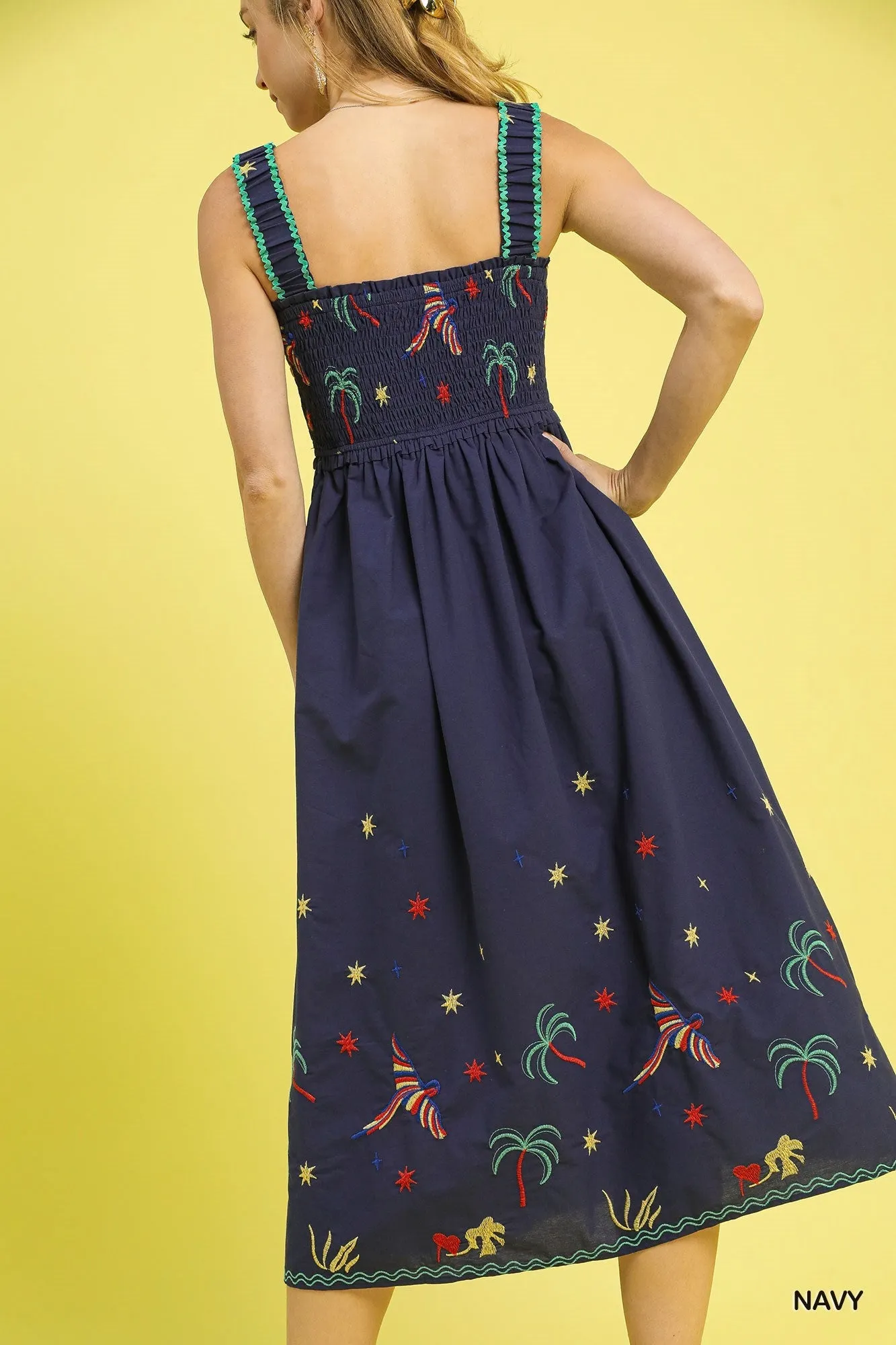 Umgee Navy Embroidered Smocked Midi Dress with Tropical Birds & Palm Trees