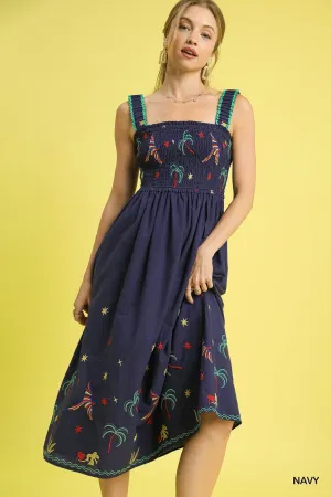 Umgee Navy Embroidered Smocked Midi Dress with Tropical Birds & Palm Trees