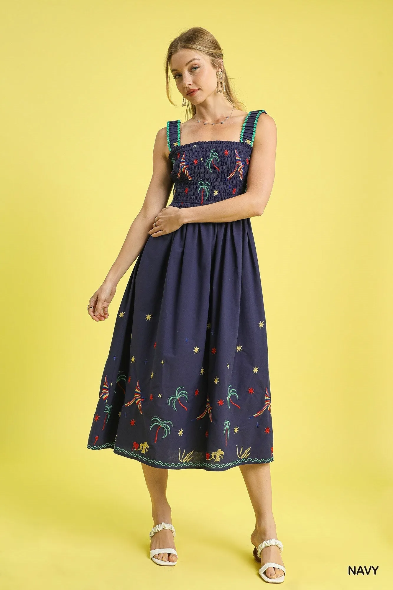 Umgee Navy Embroidered Smocked Midi Dress with Tropical Birds & Palm Trees
