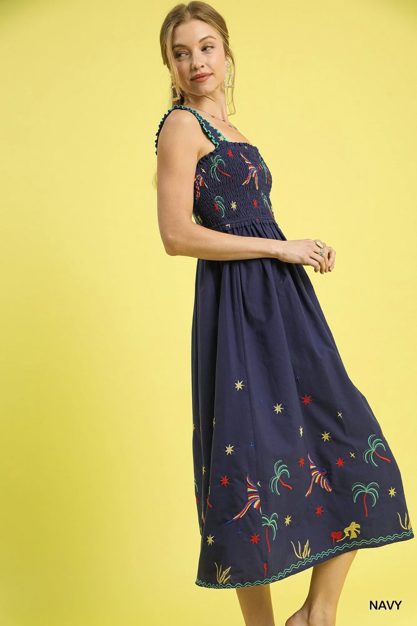 Umgee Navy Embroidered Smocked Midi Dress with Tropical Birds & Palm Trees