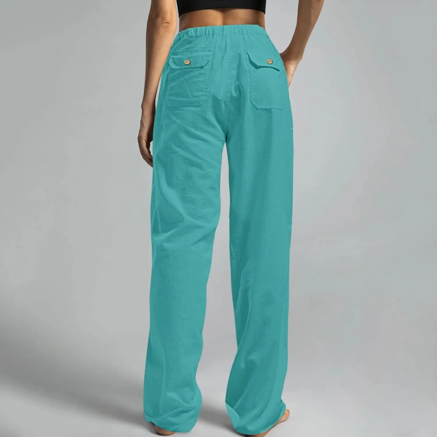 Women Linen Summer Flowy Pants Elastic Waist Ankle Length Slim-Fit Palazzo Lounge Pants Beach