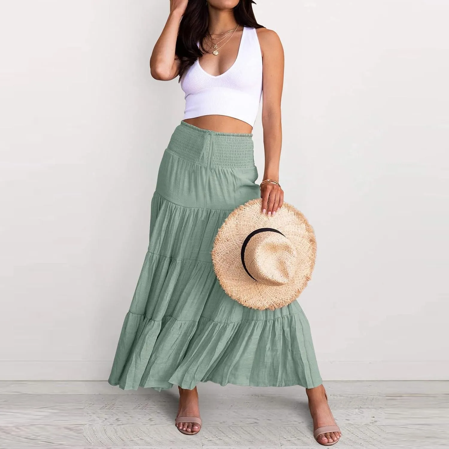 Women Summer Maxi Skirt Elastic High Waist Flowy Boho Casual Tiered Aline Long Beach Skirts 2024 Trendy Outfits