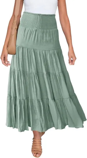 Women Summer Maxi Skirt Elastic High Waist Flowy Boho Casual Tiered Aline Long Beach Skirts 2024 Trendy Outfits