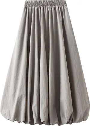 Womens Casual Boho Skirts Solid Lantern Skirt Trendy Pleated Elastic Waist Flower Bud A-line Skirt Beach Half Dress