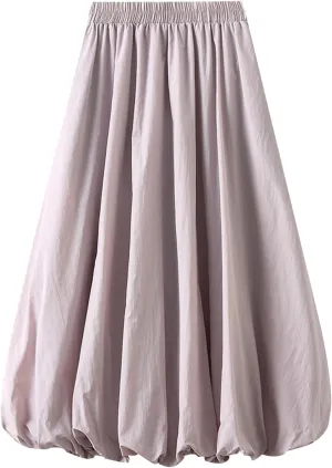 Womens Casual Boho Skirts Solid Lantern Skirt Trendy Pleated Elastic Waist Flower Bud A-line Skirt Beach Half Dress