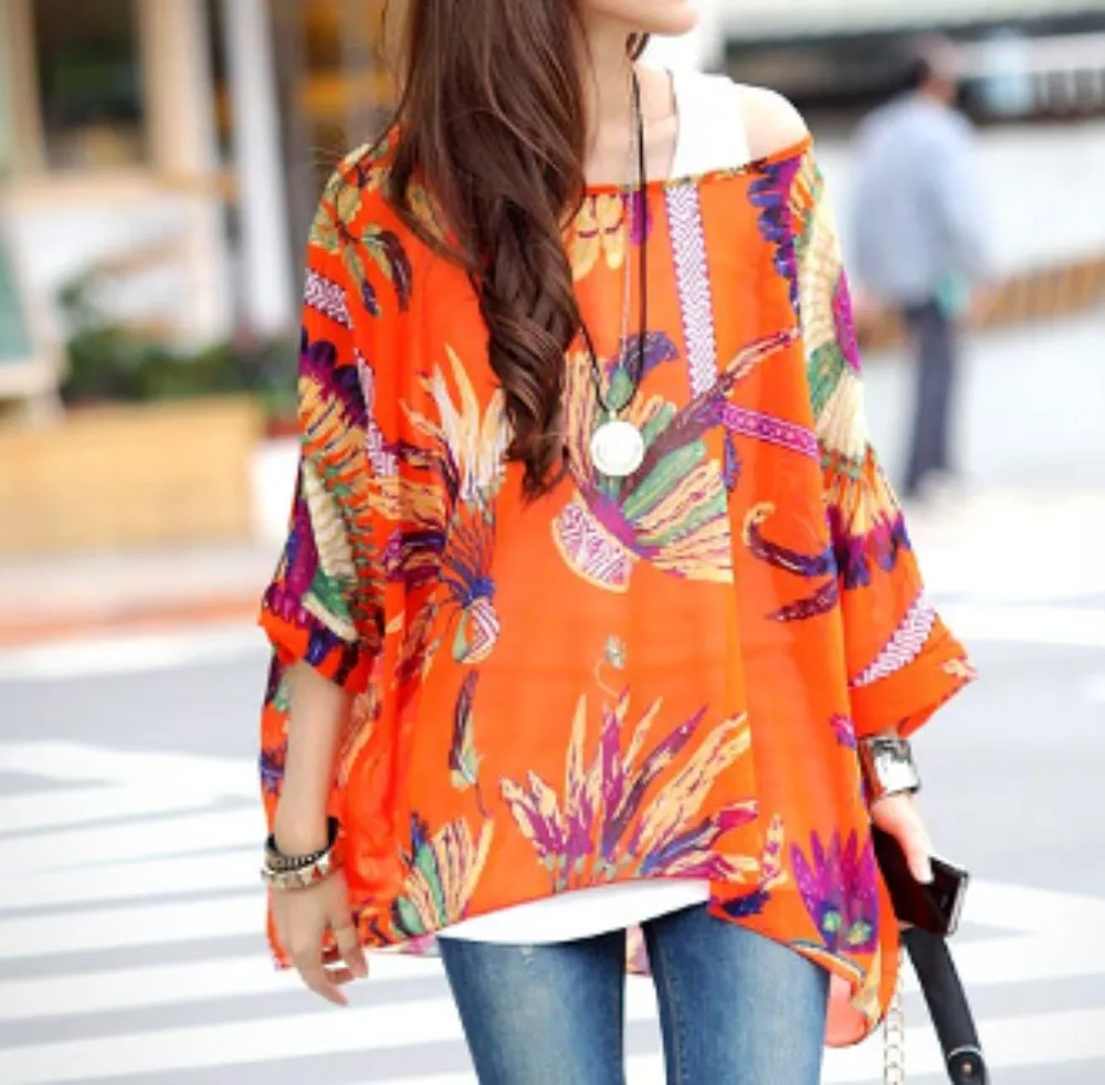 Women's Chiffon Tunic Top with Lush Tropical Print