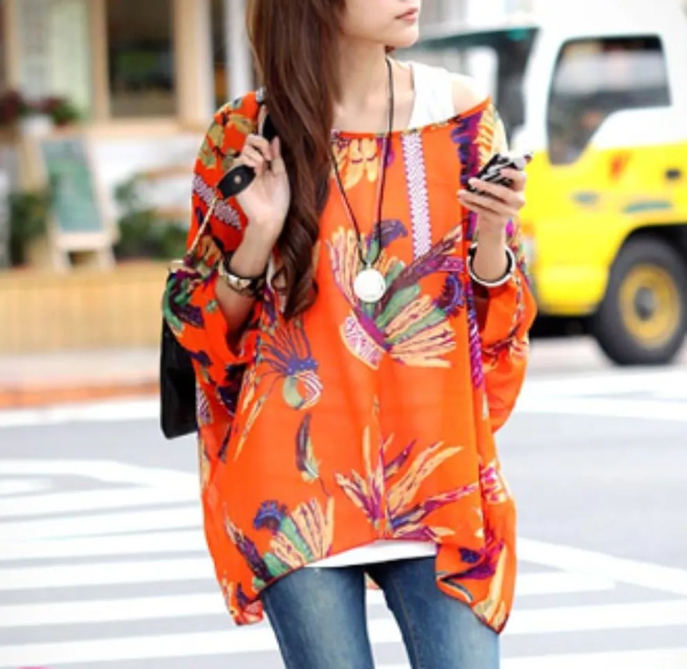 Women's Chiffon Tunic Top with Lush Tropical Print