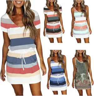 Women's Dresses Spring Loose Casual Beach 2024 Striped Printed V-Neck Short Sleeve Dress, S-3XL