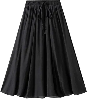 Womens Hot Drawstring Midi Skirt 2024 Summer Cotton Linen Skirts Casual High Waist Swing Skirt Beach Vacation Outfits