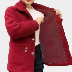 Womens Lamb Fleece Coat - Warm Cotton Lapel Collar Jacket, Outdoor Wear for Cold Weather, Red, White, and More
