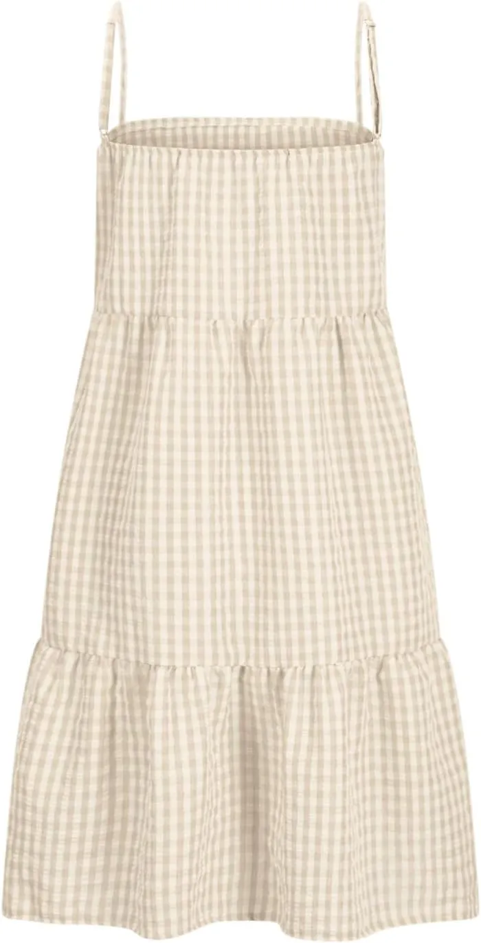 Womens Plaid A-line Dresses Shoulder Straps Ruffle Hem Casual Mini Dress with Side Pockets Short Mini Cami Sundresses