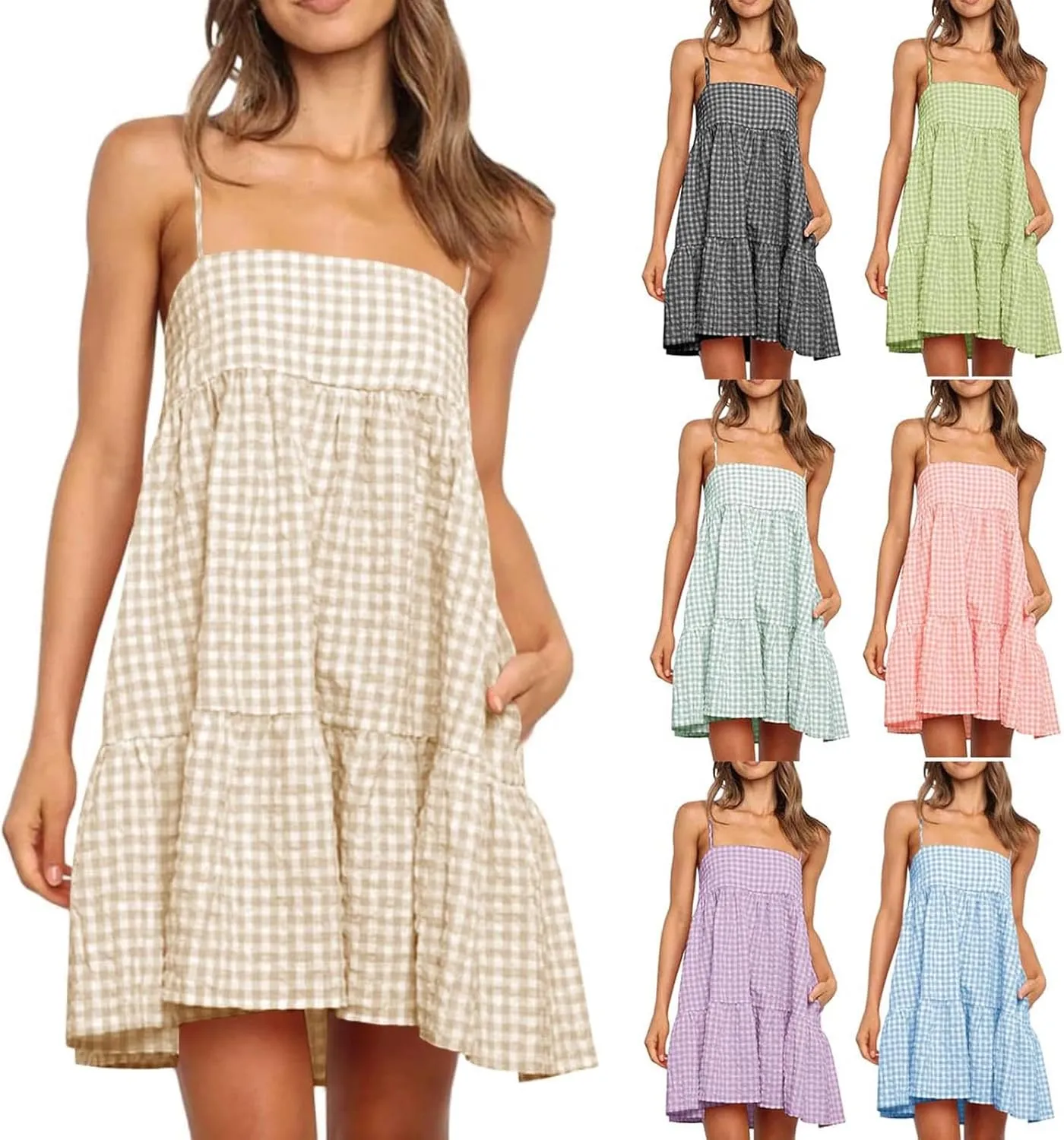 Womens Plaid A-line Dresses Shoulder Straps Ruffle Hem Casual Mini Dress with Side Pockets Short Mini Cami Sundresses