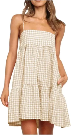 Womens Plaid A-line Dresses Shoulder Straps Ruffle Hem Casual Mini Dress with Side Pockets Short Mini Cami Sundresses