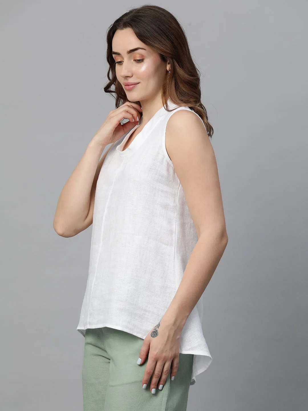 Women's White Linen Regular Fit Blouse